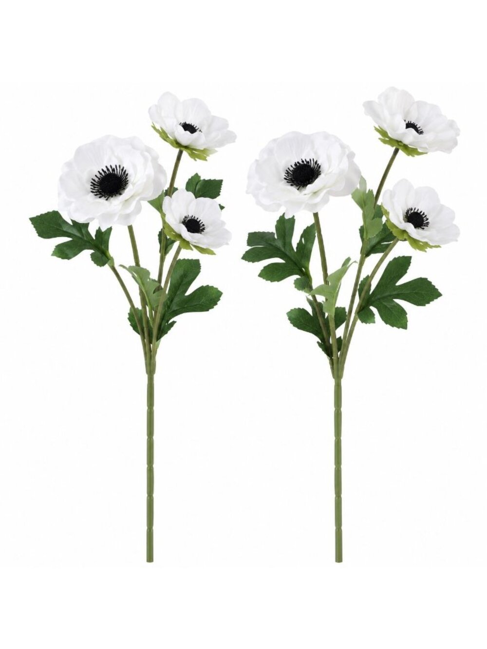 White Artificial Anemone Flowers Set of 2, 20 Inch Faux Silk Stems, Black Center